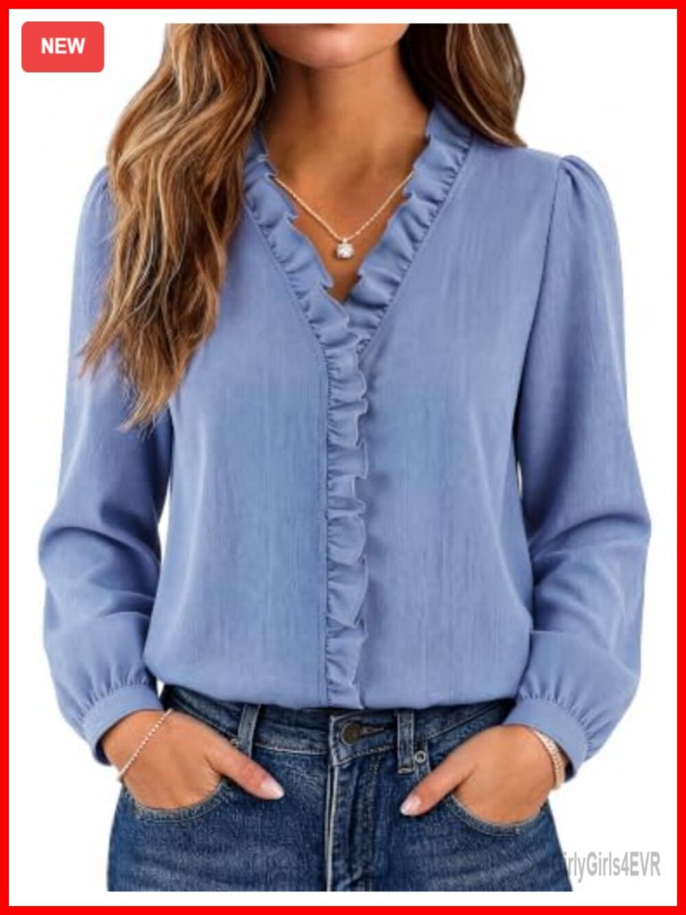 Washed Denim Shirt V Neck Ruffle Blouse Dressy Casual Puff Sleeve Top